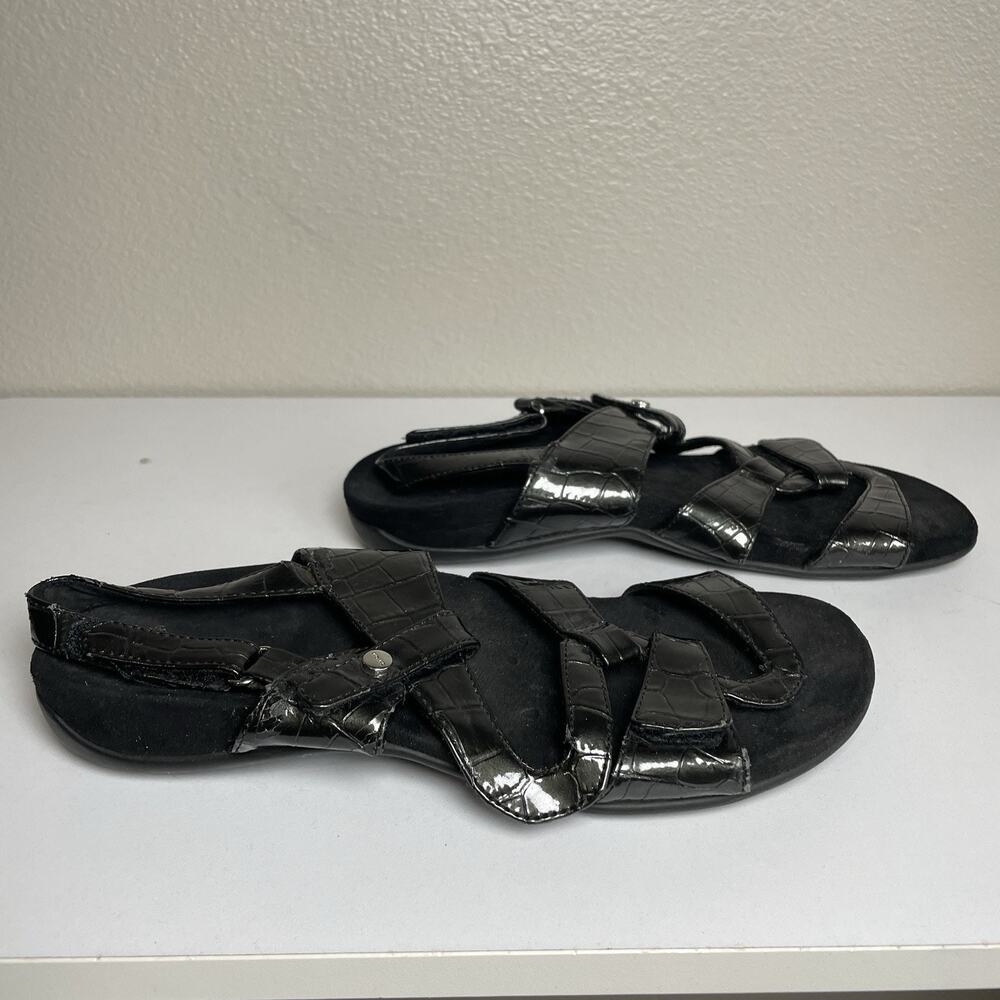Vionic Open Toe Black Patent Leather Sandals Sz 9 Hook Loop Closure Animal Print